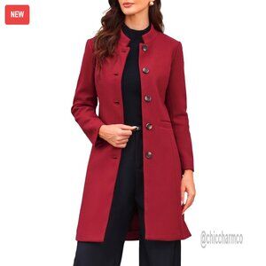 Mid-Length Pea Coat with Stand Collar and Pockets, Women's Winter Outerwear
